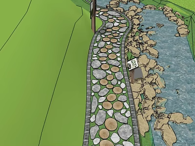 Cobblestone Roadside Path With Water Stream And Green Grass Surrounding Stones 3d model