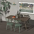 Wooden Dining Table Set With Light Green Chairs Bowl Of Fruits Vase And Pendant Light