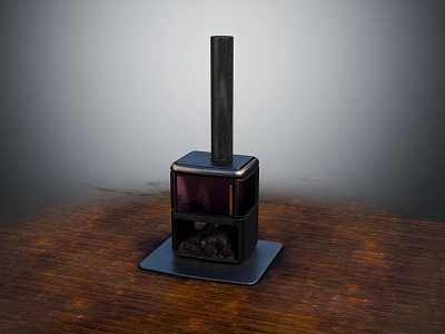Modern Metal Fireplace Design With Glass Panel Logs And Black Chimney On Wooden Floor 3d model