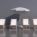 Four White Lounge Chairs With Umbrella And Wooden Frame For Outdoor Relaxation