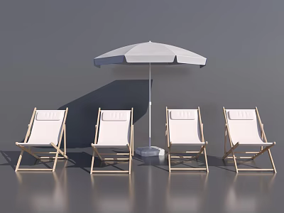 Four White Lounge Chairs With Umbrella And Wooden Frame For Outdoor Relaxation 3d model