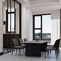 Modern Restaurant Interior With Dining Table Chairs And City View Window