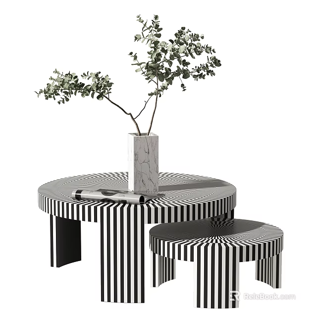 Black and White Striped Coffee Tables With Marble Vase And Green Plant 3d model 