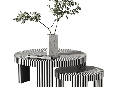 Black and White Striped Coffee Tables With Marble Vase And Green Plant 3d model