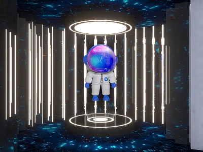 Activity Passage with Astronaut in White Spacesuit Blue Purple Helmet Illuminated Lines Blue Starry Lighting 3d model