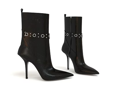 Black Leather High Heel Ankle Boots With Metal Rings 3d model
