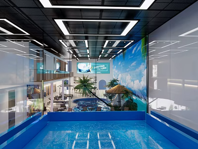 Modern Indoor Swimming Pool With Blue Water Palm Trees And Ceiling Lights 3d model