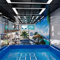 Modern Indoor Swimming Pool With Blue Water Palm Trees And Ceiling Lights
