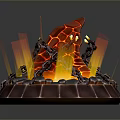 Volcanic Themed Decorative Structure With Lava Red Design Flaming Accents And Circular Stone Base