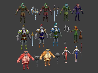 Fantasy Characters And Creatures With Various Armor Weapons And Different Sizes Appearance Design 3d model