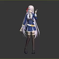 Anime Style Game Character With White Long Hair Red Accessory Blue Uniform And Waving Hand