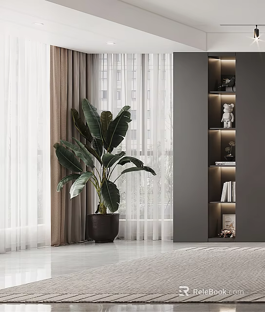 Large Leaf Indoor Potted Plant In Black Pot By Window With Curtains And Decorative Shelf 3d model 