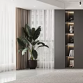 Large Leaf Indoor Potted Plant In Black Pot By Window With Curtains And Decorative Shelf