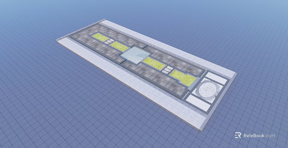 Water Fountain Design With Rectangular Layout Central Pool And Greenery Sections 3d model 