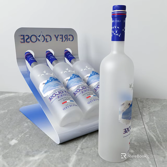 Grey Goose Vodka Bottles And Wine Glasses On Blue White Frosted Glass Display Rack 3d model 