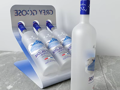 Grey Goose Vodka Bottles And Wine Glasses On Blue White Frosted Glass Display Rack 3d model
