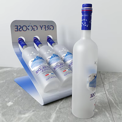 Grey Goose Vodka Bottles And Wine Glasses On Blue White Frosted Glass Display Rack 3d model