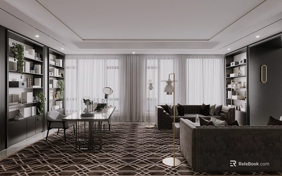 Modern Office Interior With Desk Sofa Bookshelves Windows Curtains Floor Lamp And Patterned Carpet 3d model 
