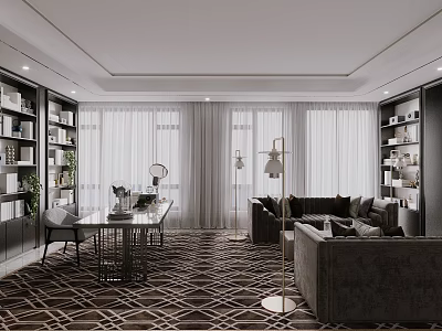 Modern Office Interior With Desk Sofa Bookshelves Windows Curtains Floor Lamp And Patterned Carpet 3d model