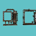 Vintage Industrial Equipment With Metal Pipes Valves and Pressure Gauges Two Rusted Units