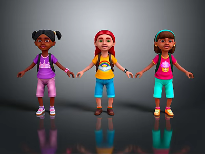 Three Young Girls Holding Hands Wearing Different Colored Shirts And Shorts With Backpacks Standing Together 3d model