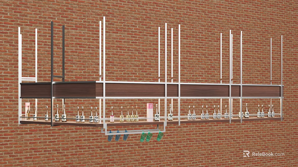Wine Cabinet With Metal Shelves On Red Brick Wall Displaying Wine Bottles 3d model 