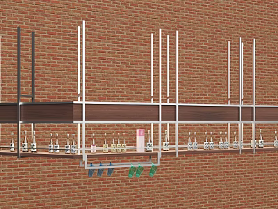 Wine Cabinet With Metal Shelves On Red Brick Wall Displaying Wine Bottles 3d model