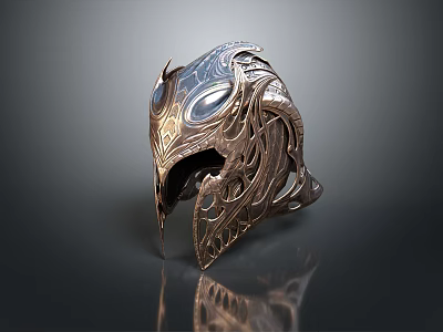 Intricate Decorative Weapon Helmet With Metallic Carvings And Blue Gemstone Accents 3d model