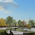 Beautiful Natural Scenery With Blue Sky White Clouds Colorful Trees Green Grass and Small Pond