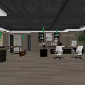 Modern Office Interior With Dark Ceiling Wooden Desks White Chairs Bookshelves And Green Plant