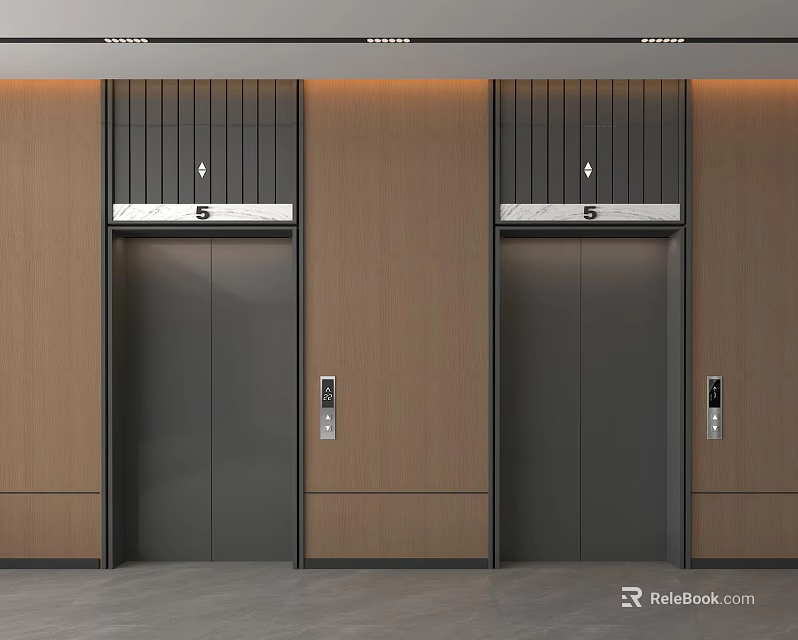 Modern Public Facility Elevators With Two Units Wooden Walls And Metal Doors 3d model 