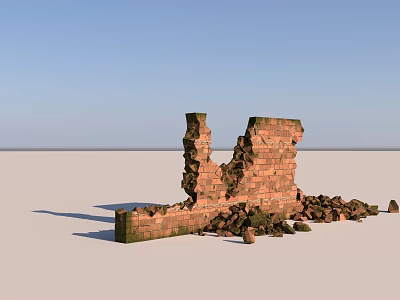 Building Exterior Wall Ruined Collapsed Brick With Scattered Debris Blue Sky And Open Ground 3d model
