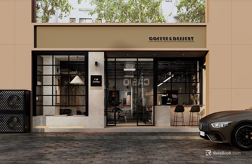 Modern Café Exterior Design With Glass Windows Signboard And Entrance Area 3d model 