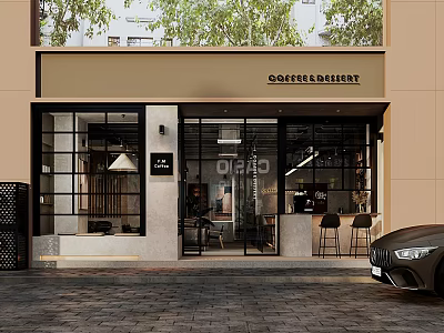 Modern Café Exterior Design With Glass Windows Signboard And Entrance Area 3d model