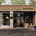 Modern Café Exterior Design With Glass Windows Signboard And Entrance Area