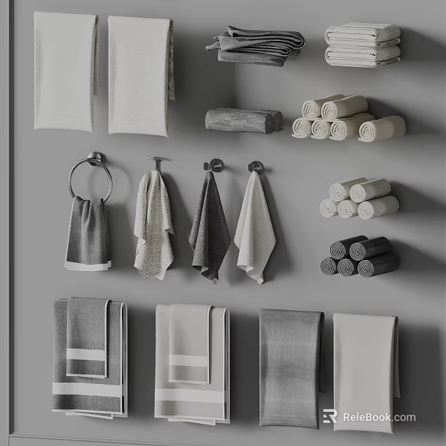 Gray And White Towels Featuring Hanging And Rolled Styles Arranged On Wall 3d model 