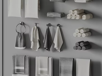 Gray And White Towels Featuring Hanging And Rolled Styles Arranged On Wall 3d model