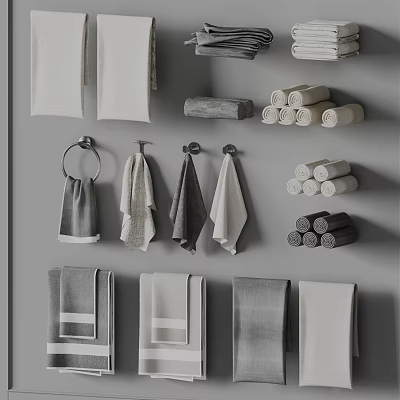 Gray And White Towels Featuring Hanging And Rolled Styles Arranged On Wall 3d model