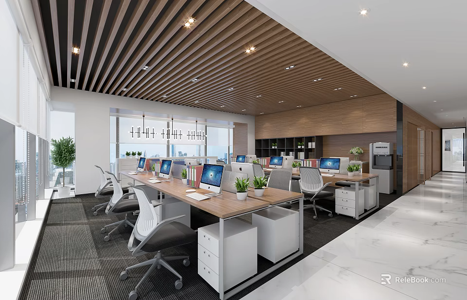 Modern Open Public Office Space With Wooden Ceiling Desks Computers And Office Chairs 3d model 