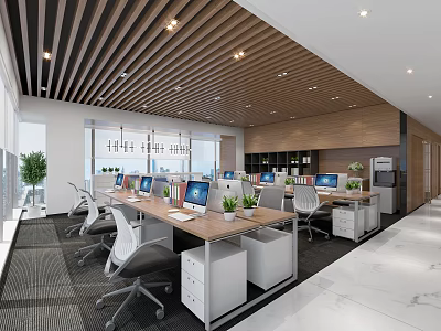 Modern Open Public Office Space With Wooden Ceiling Desks Computers And Office Chairs 3d model