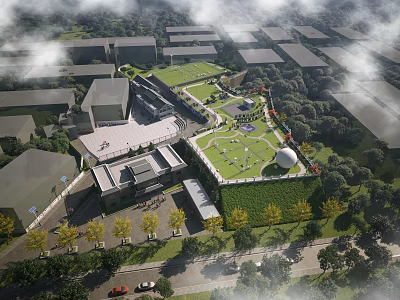 Birds Eye View Planning of Urban Area With Residential Commercial Buildings And Central Green Park 3d model