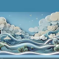 Check in Photo Spot With Blue Background Cloud Decorations Wave Paper Art And Lighting