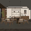 Minimalist Restaurant Interior With Wooden Dining Table Chairs Pendant Lights And Decorative Shelves