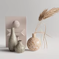 Stylish Striped And Speckled Ceramic Vases With Dried Pampas Grass And Minimalist Decor