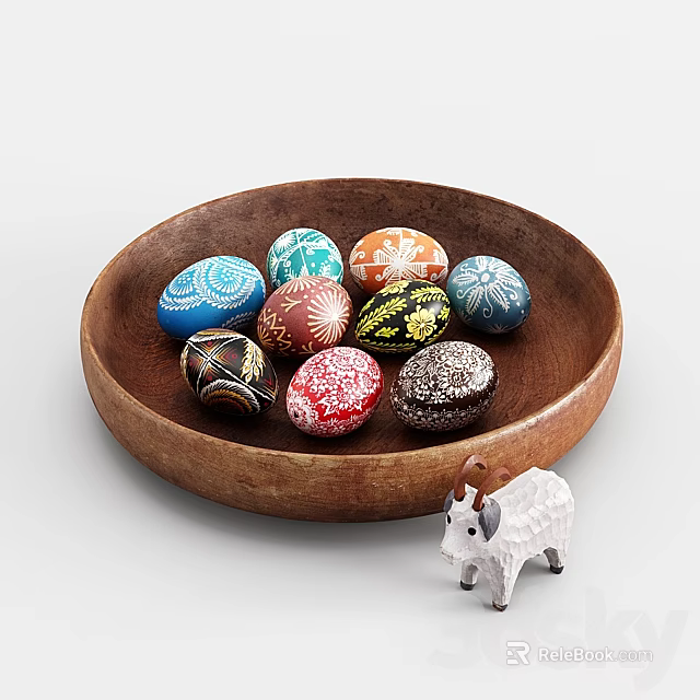 Electric Toy Goat With Colorful Painted Eggs In Wooden Plate Decoration 3d model 