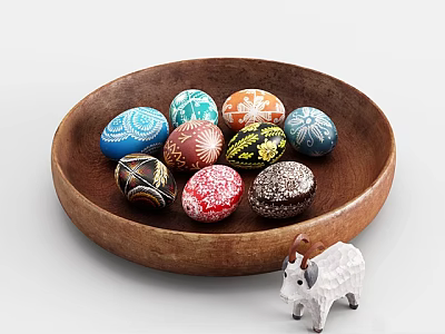 Electric Toy Goat With Colorful Painted Eggs In Wooden Plate Decoration 3d model