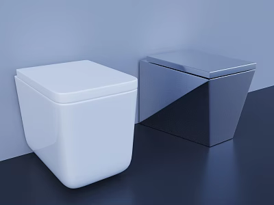 Two White and Gray Square Design Toilets Against Light Blue Wall On Dark Floor 3d model