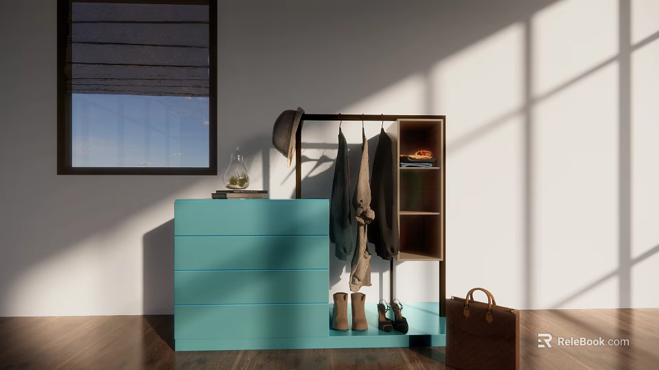 Turquoise Shoe Cabinet With Coat Rack Hanging Clothes And Shoes In Modern Home Interior 3d model 