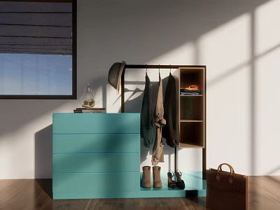 Turquoise Shoe Cabinet With Coat Rack Hanging Clothes And Shoes In Modern Home Interior 3d model