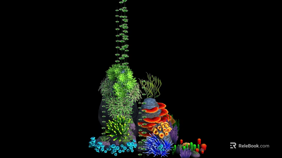 Underwater Shrubs with Vibrant Green Foliage and Colorful Corals in Marine Habitat 3d model 
